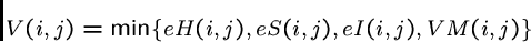 \begin{displaymath}V(i, j) = \min \{ eH(i,j), eS(i,j), eI(i,j), VM(i,j) \} \end{displaymath}